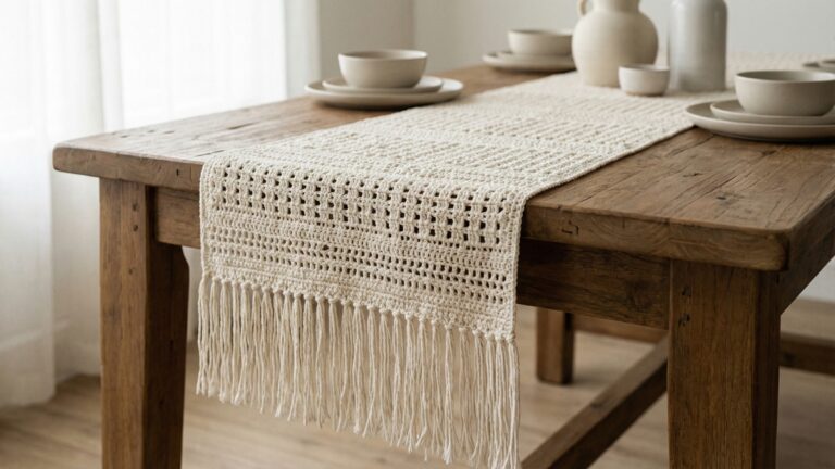 Caminho de mesa em crochê artesanal sobre mesa de madeira com louças neutras e luz natural