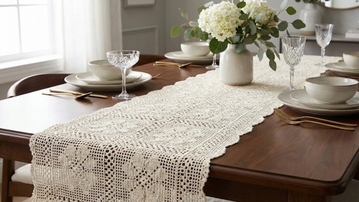 Caminho de mesa em crochê de luxo com detalhes artesanais em uma mesa posta sofisticada com flores e louças elegantes.