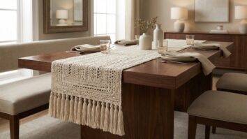 Mesa de jantar em madeira nobre com caminho de mesa em crochê cru e franjas volumosas em ambiente elegante