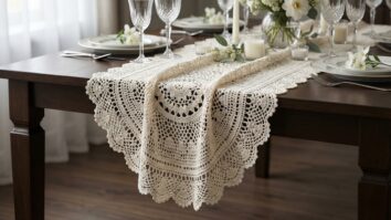 Caminho de mesa artesanal de crochê de luxo em off-white com aparência de renda sobre mesa elegante com louças finas, taças de cristal e flores delicadas.