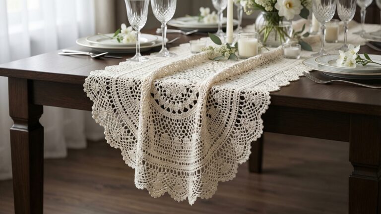 Caminho de mesa artesanal de crochê de luxo em off-white com aparência de renda sobre mesa elegante com louças finas, taças de cristal e flores delicadas.