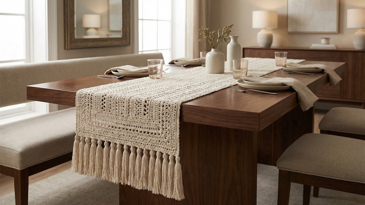 Mesa de jantar em madeira nobre com caminho de mesa em crochê cru e franjas volumosas em ambiente elegante