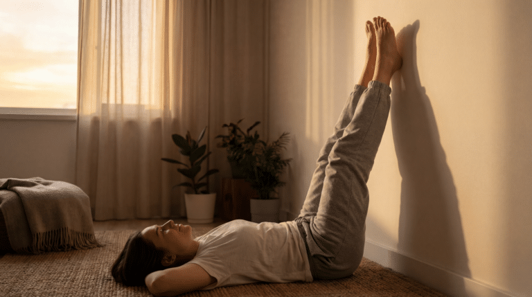 Deite no chão e encoste os pés na parede por 5 minutos para eliminar o inchaço das pernas e o cansaço do dia