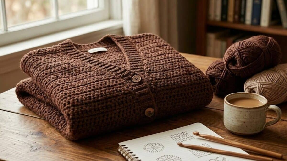 Cardigan de crochê na cor chocolate estendido sobre uma mesa de madeira rústica, cercado por novelos de lã em tons terrosos, agulhas de crochê e uma xícara de café em um ambiente aconchegante e bem iluminado.