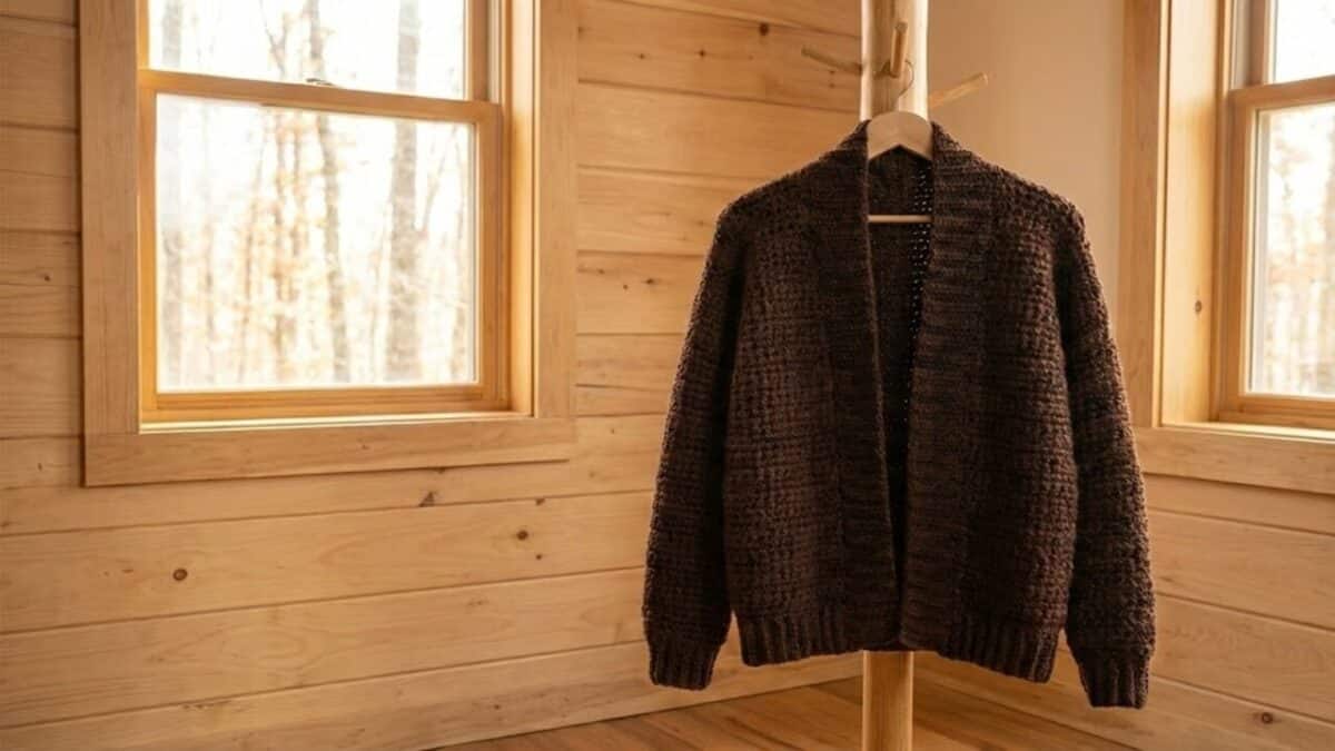 Cardigan de crochê marrom escuro artesanal sendo usado em cenário aconchegante, com foco na textura dos pontos de lã, novelos marrons e iluminação natural.