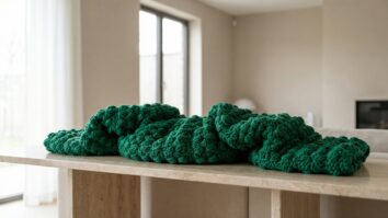 Peça volumosa de crochê em verde esmeralda intenso sobre mesa clara, com textura em pontos de relevo em ambiente moderno minimalista com janela e sofá neutro