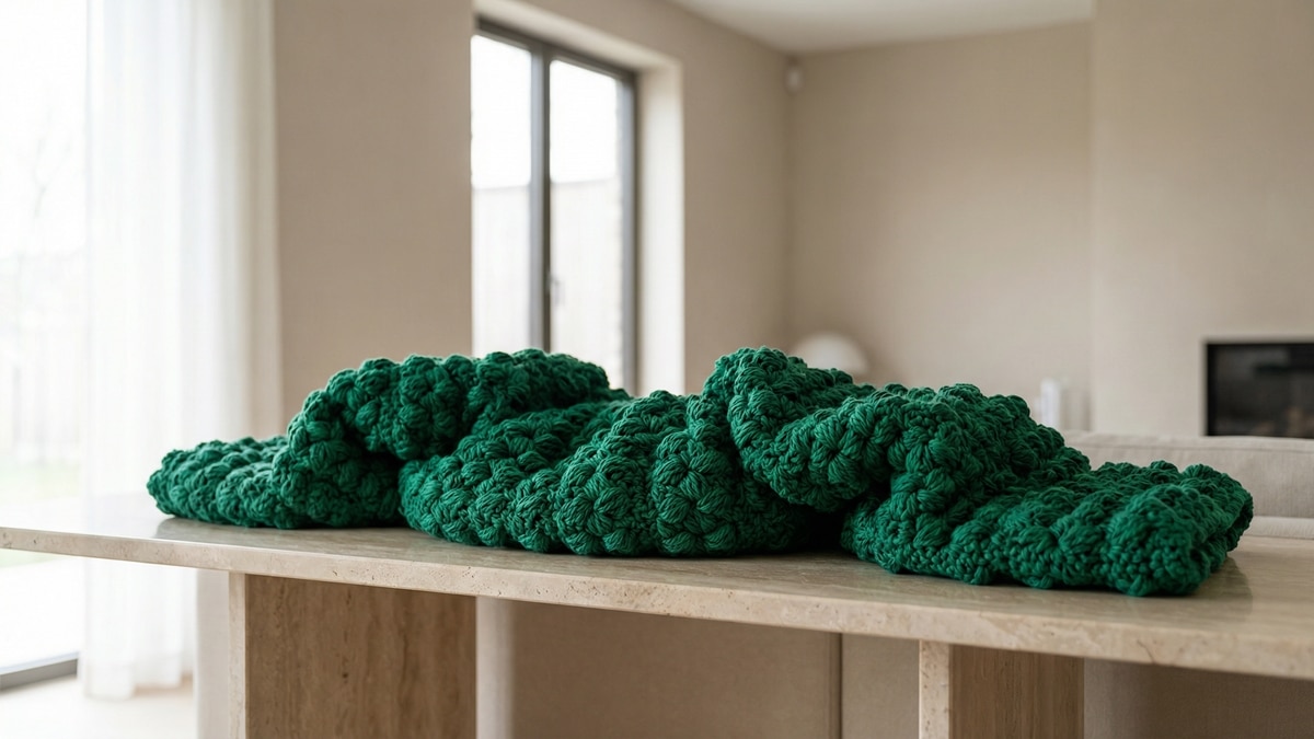 Peça volumosa de crochê em verde esmeralda intenso sobre mesa clara, com textura em pontos de relevo em ambiente moderno minimalista com janela e sofá neutro
