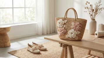 Bolsa de palha e calçado com flores de crochê artesanais em tons naturais e textura delicada