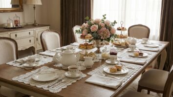 Mesa posta elegante com sousplats de crochê branco em estilo Romantismo Vitoriano e louça delicada