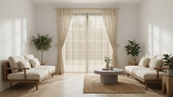 Sala de estar contemporânea com cortinas de crochê geométrico em tons neutros e estética escandinava-boho equilibrada