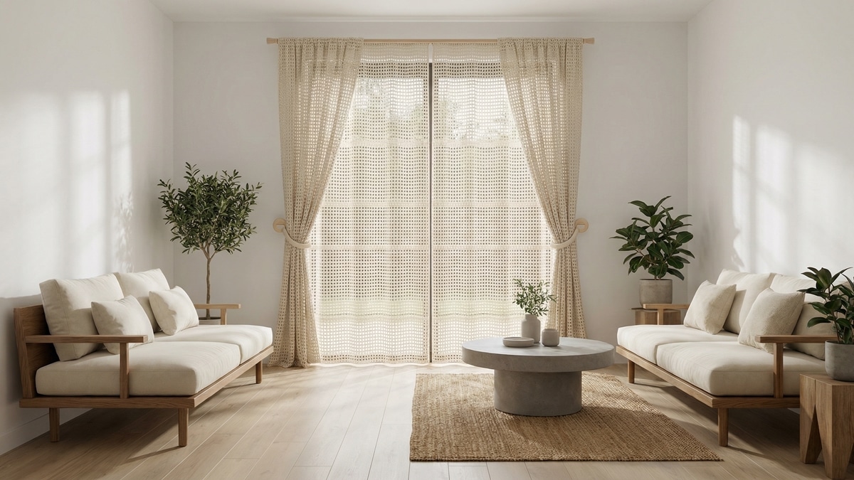 Sala de estar contemporânea com cortinas de crochê geométrico em tons neutros e estética escandinava-boho equilibrada