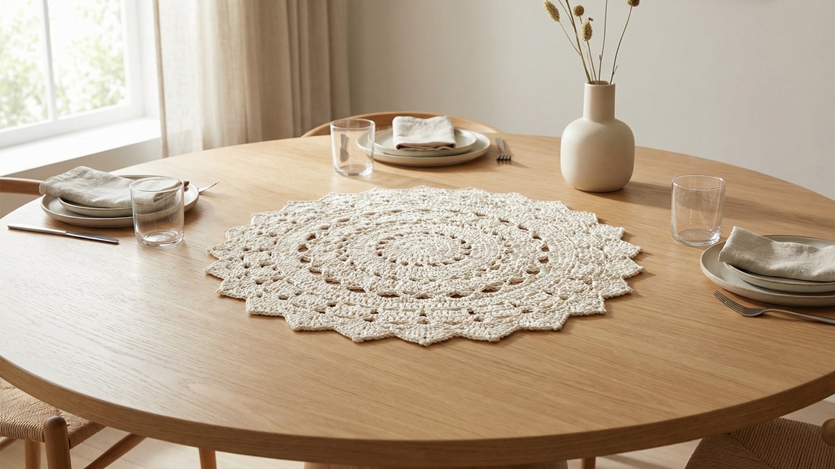 Sala de jantar elegante com centro de mesa em crochê artesanal cru/off-white perfeitamente plano e simétrico, posicionado no centro de mesa de madeira clara