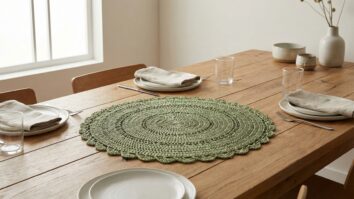 Centro de mesa circular em crochê verde sobre mesa de madeira natural com louça branca e elementos decorativos neutros em sala de jantar elegante.