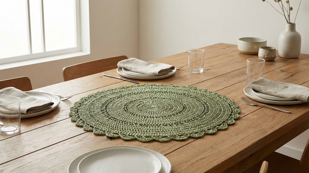 Centro de mesa circular em crochê verde sobre mesa de madeira natural com louça branca e elementos decorativos neutros em sala de jantar elegante.