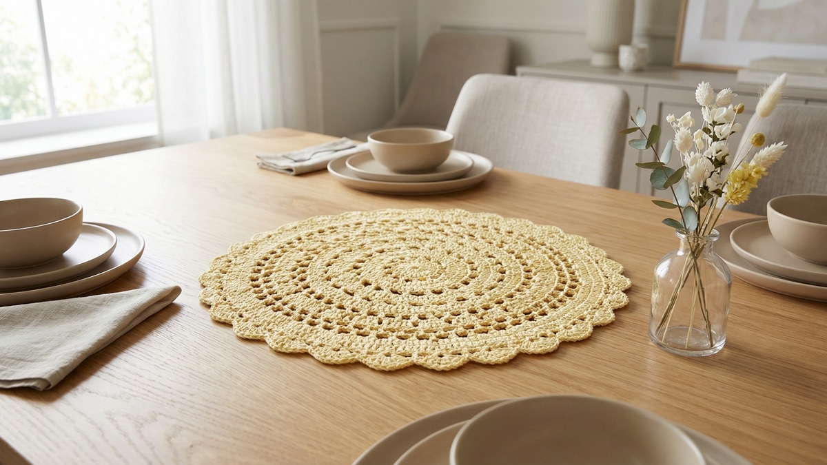 Sala de jantar elegante com centro de mesa em crochê amarelo claro de algodão, posicionado sobre mesa de madeira natural com louça neutra e flores delicadas