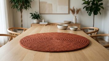 Centro de mesa redondo em crochê terracota sobre mesa de madeira clara
