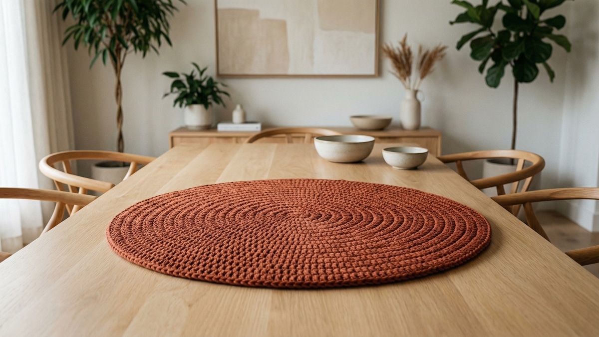 Centro de mesa redondo em crochê terracota sobre mesa de madeira clara