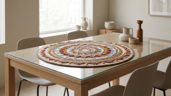 Centro de mesa em crochê formato mandala colorida com geometrias vibrantes sobre mesa neutra