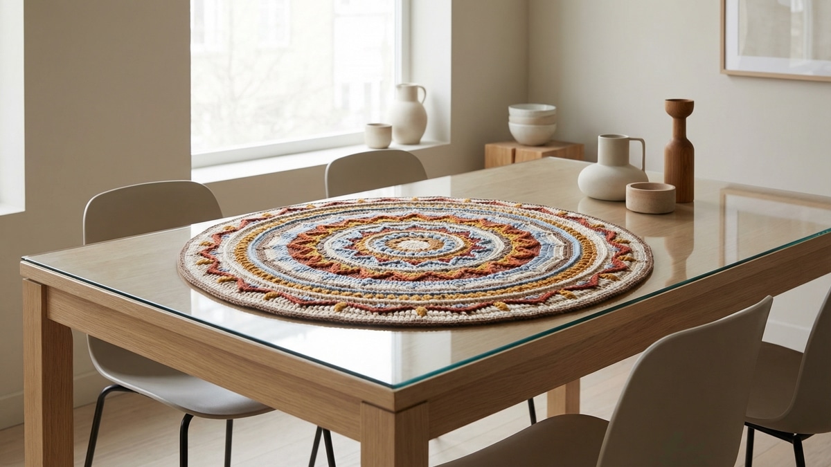 Centro de mesa em crochê formato mandala colorida com geometrias vibrantes sobre mesa neutra