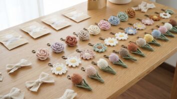 Mesa de trabalho com chaveiros de croche em formato de flores coloridas sobre madeira clara com embalagem kraft