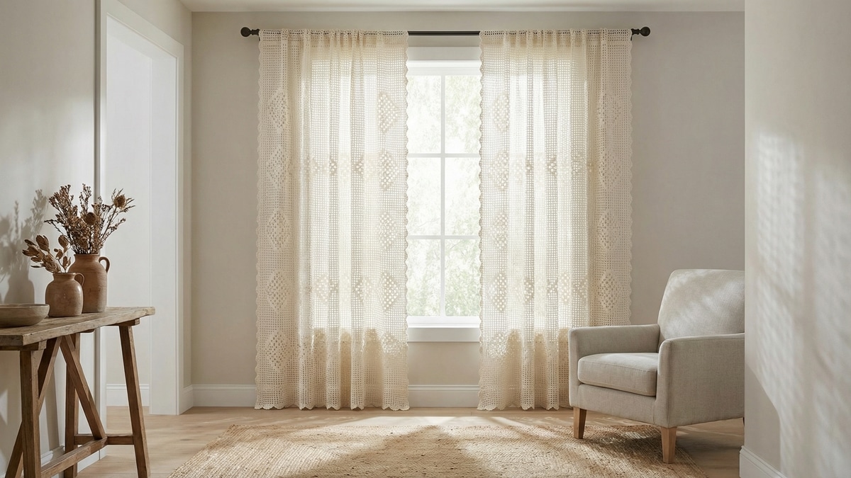 Janela com cortina de crochê filtrando luz natural em ambiente acolhedor