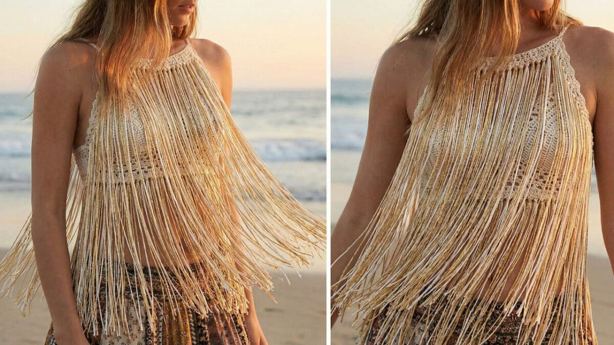 uma mulher na praia durante o pôr do sol, vestindo um top cropped de crochê na cor creme. O top possui alças finas e um padrão de pontos trabalhados, com longas franjas de fios acetinados em tons de creme e dourado penduradas na barra, cobrindo a barriga. Ela usa uma saia estampada e um chapéu de palha. O mar e a areia estão ao fundo com luz dourada.