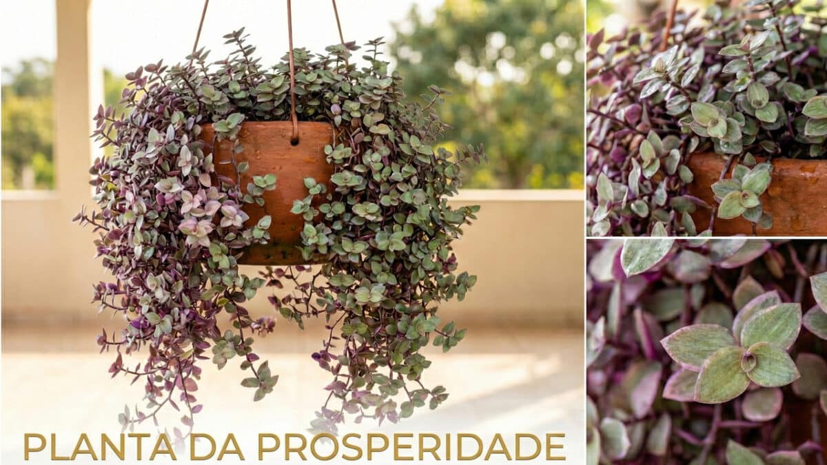 Colagem com três fotos e texto. A imagem principal à esquerda mostra uma planta pendente Callisia repens ('Tostão) com densa folhagem verde e roxa, transbordando de um vaso de terracota suspenso em uma varanda ensolarada. O canto superior direito é um close-up das pequenas folhas ovais e caules arroxeados no vaso. O canto inferior direito é um macro detalhe mostrando a textura e as cores das folhas. Na parte inferior da imagem, em letras douradas, está escrito "PLANTA DA PROSPERIDADE".