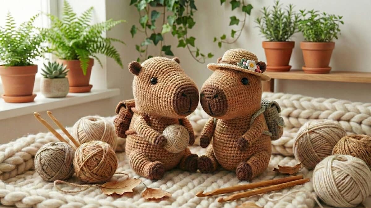 Duas capivaras de amigurumi feitas de crochê marrom claro estão sentadas sobre uma manta de tricô grosso na cor creme. A capivara da direita usa um pequeno chapéu de palha com flores brancas e uma mochila nas costas, enquanto a da esquerda segura um pequeno novelo de fio bege. Ao redor delas, há vários novelos de lã em tons neutros, agulhas de crochê de madeira e folhas secas. O fundo mostra uma janela com luz natural, e uma prateleira de madeira com diversos vasos de plantas verdes, como samambaias e suculentas.