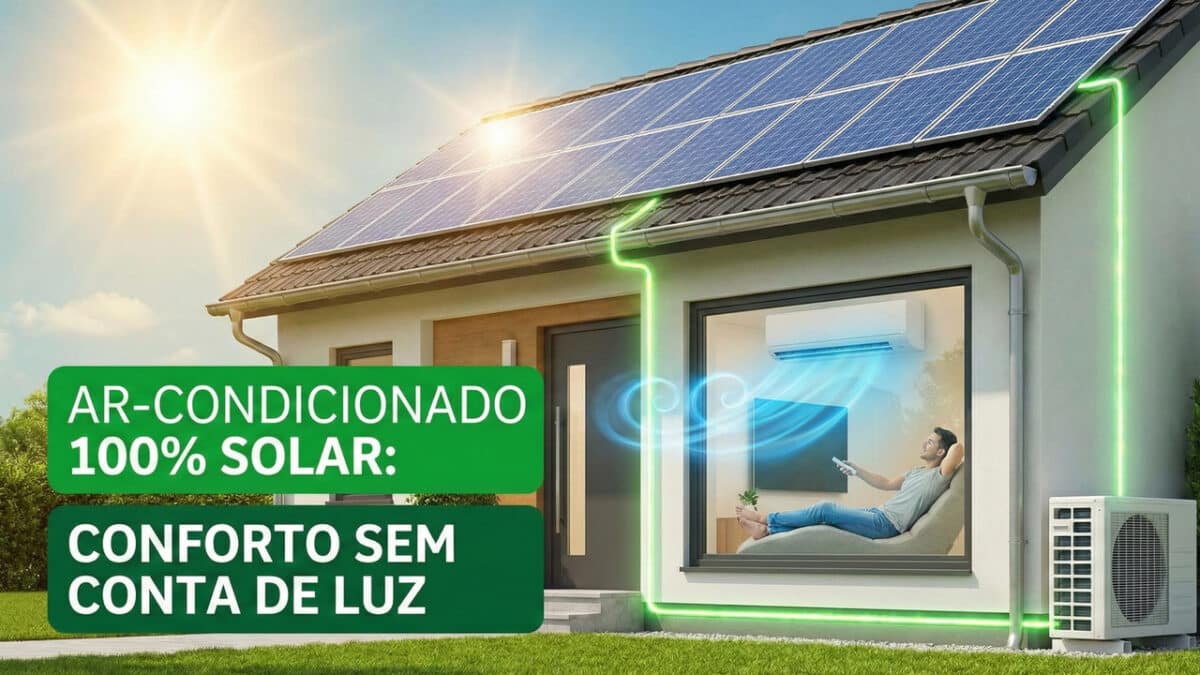 Casa moderna com painéis solares no telhado alimentando um ar-condicionado interno. Um homem relaxa confortavelmente em uma sala fresca enquanto o sol brilha lá fora. A imagem contém o texto: "Ar-condicionado 100% solar: conforto sem conta de luz".