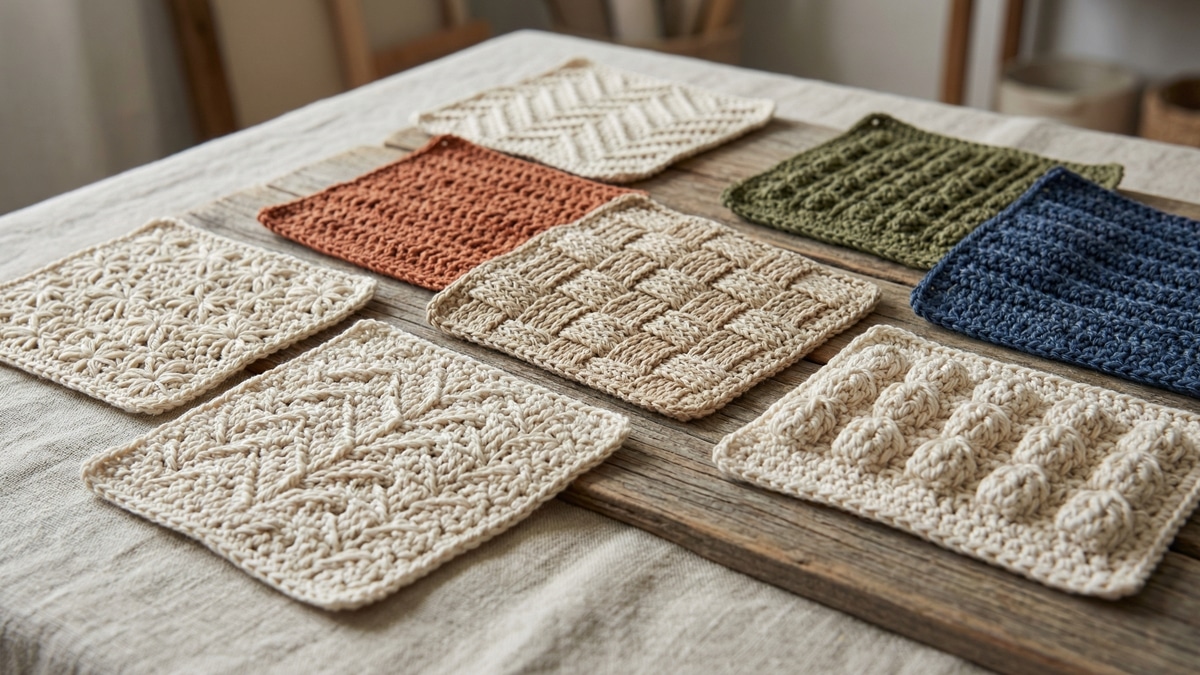 Amostras de pontos de crochê artesanais com texturas variadas em tons naturais sobre superfície elegante
