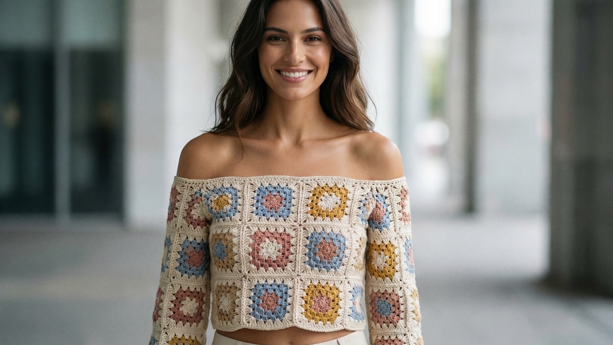 Mulher sorrindo usando blusa de crochê com squares estilo ciganinha omb a ombro em cenário urbano