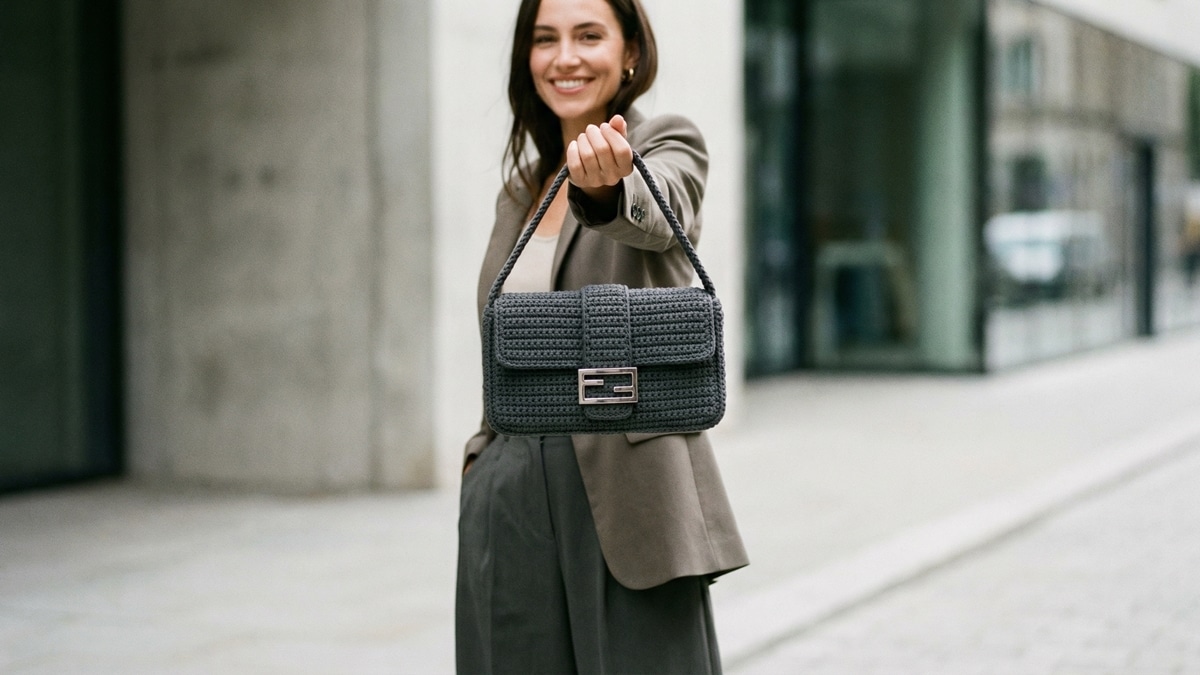 Mulher sorrindo com bolsa de crochê estilo baguette com fecho metálico em cenário urbano sofisticado