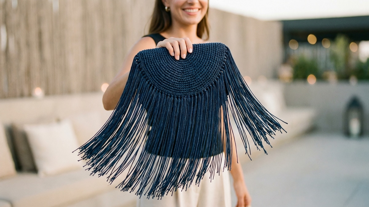 Mulher sorrindo com bolsa de crochê de luxo estilo carteira com franjas longas de seda em evento noturno