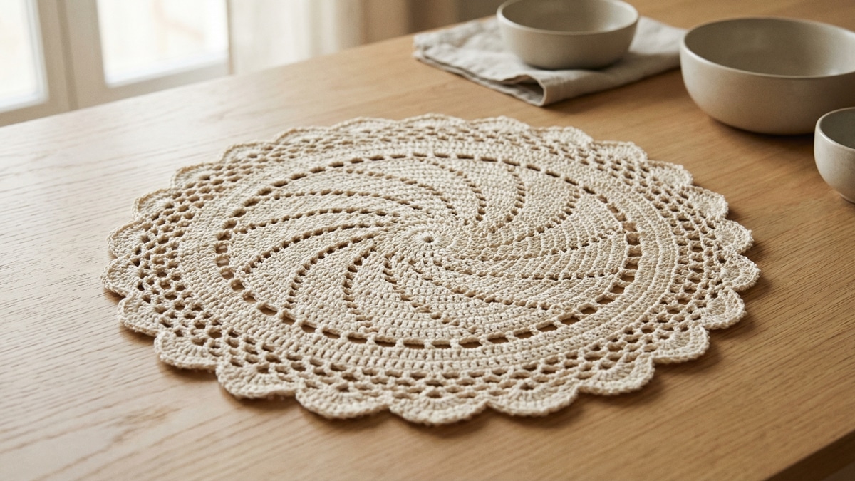 Centro de mesa redondo em crochê com padrão em espiral sobre mesa de madeira clara