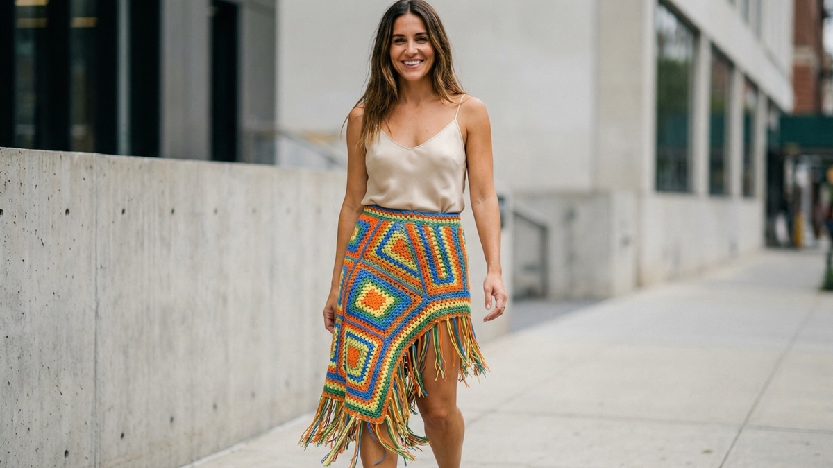 Mulher sorrindo usando saia de crochê artesanal assimétrica em tons vibrantes, cenário urbano de verão