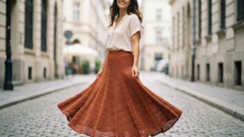 Mulher sorrindo usando saia longa godê de crochê com caimento fluido em cenário elegante
