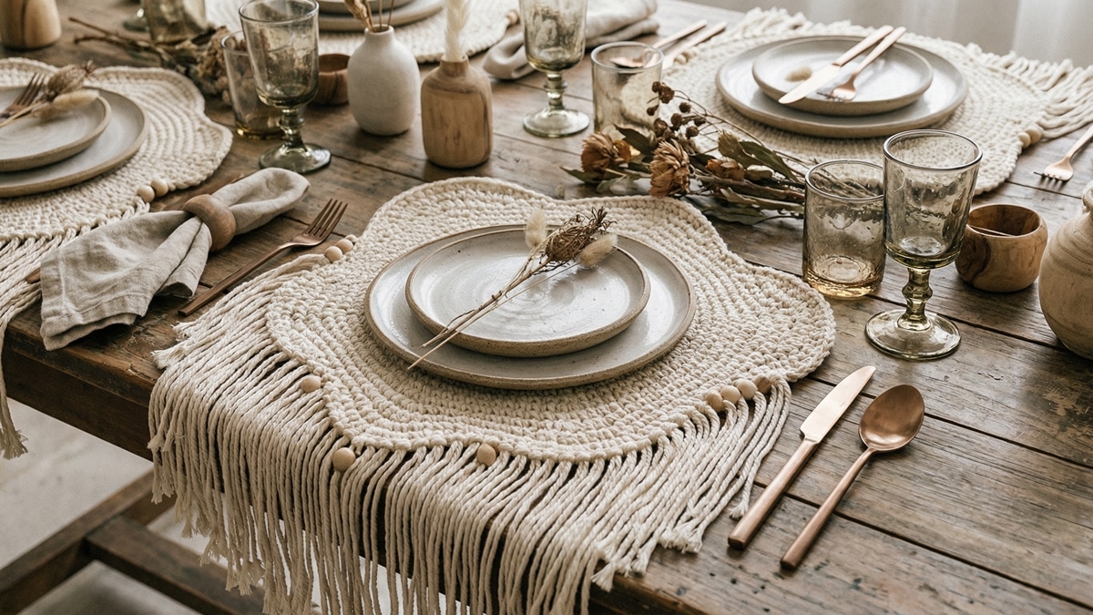 Mesa posta com sousplats de crochê boho com franjas e contas de madeira emoldurando pratos artesanais
