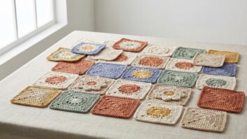 Composição de squares de crochê artesanais com padrões variados em tons naturais sobre superfície neutra