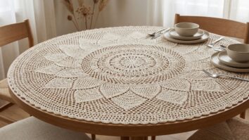 Toalha de mesa redonda em crochê com mandala central sobre mesa de madeira em sala de jantar
