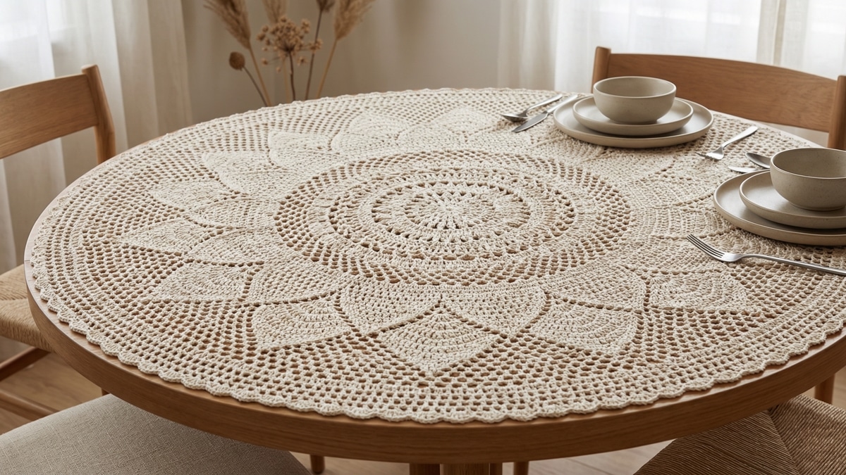 Toalha de mesa redonda em crochê com mandala central sobre mesa de madeira em sala de jantar
