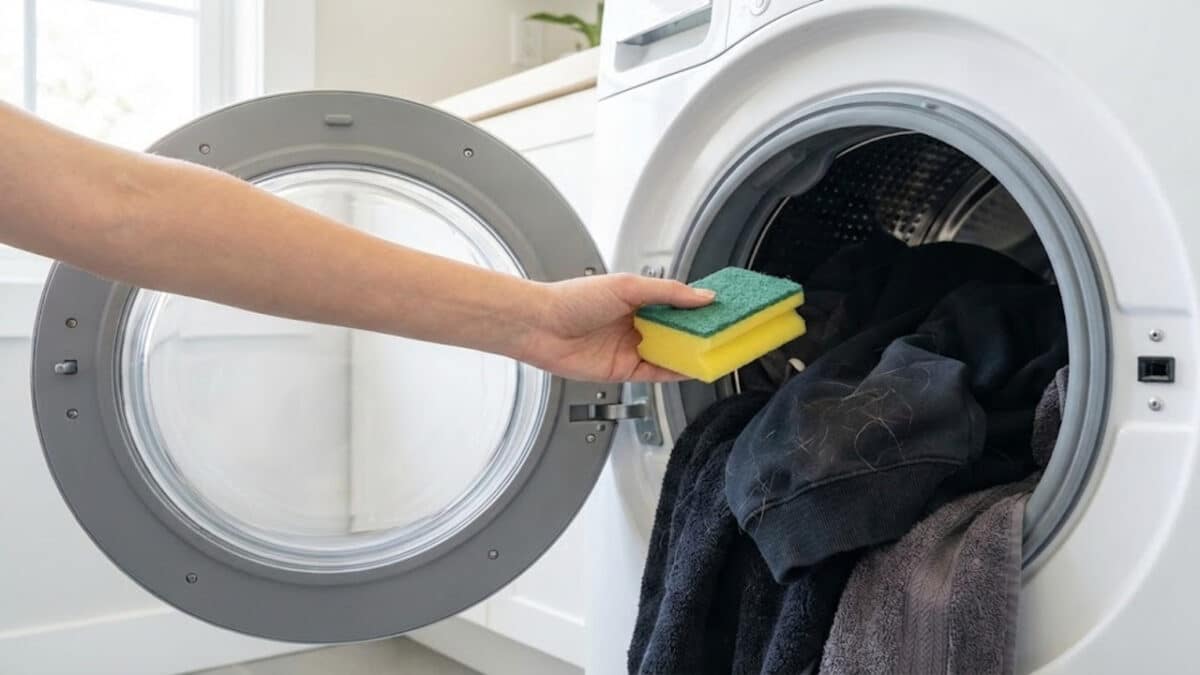 Uma mão humana segurando uma esponja de lavar louça amarela e verde, prestes a colocá-la dentro de uma máquina de lavar roupas aberta. No interior da máquina, há roupas de cor escura visivelmente cobertas por pelos brancos de animais e fiapos