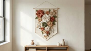 Flâmula decorativa de crochê pendurada na parede com flores 3D em cascata em tons naturais