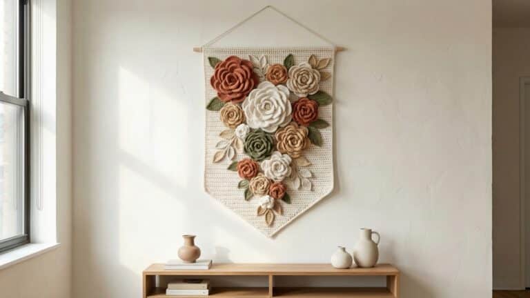 Flâmula decorativa de crochê pendurada na parede com flores 3D em cascata em tons naturais