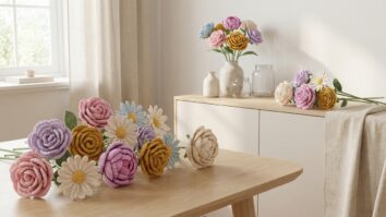 Arranjo decorativo de flores artesanais de crochê em tons variados e charmosos sobre mesa de madeira clara com elementos decorativos neutros em ambiente acolhedor.