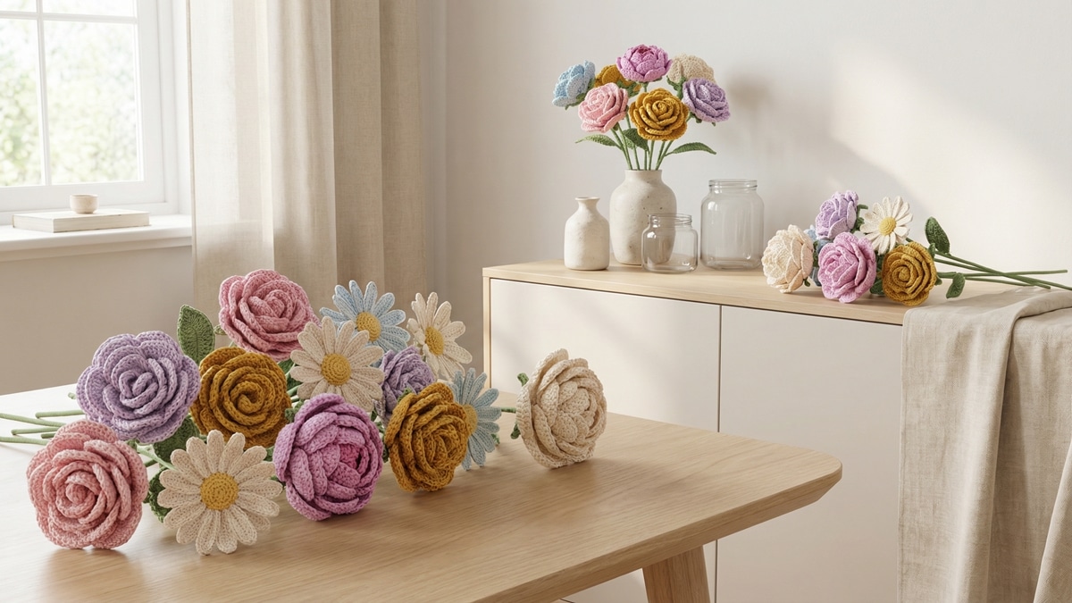 Arranjo decorativo de flores artesanais de crochê em tons variados e charmosos sobre mesa de madeira clara com elementos decorativos neutros em ambiente acolhedor.