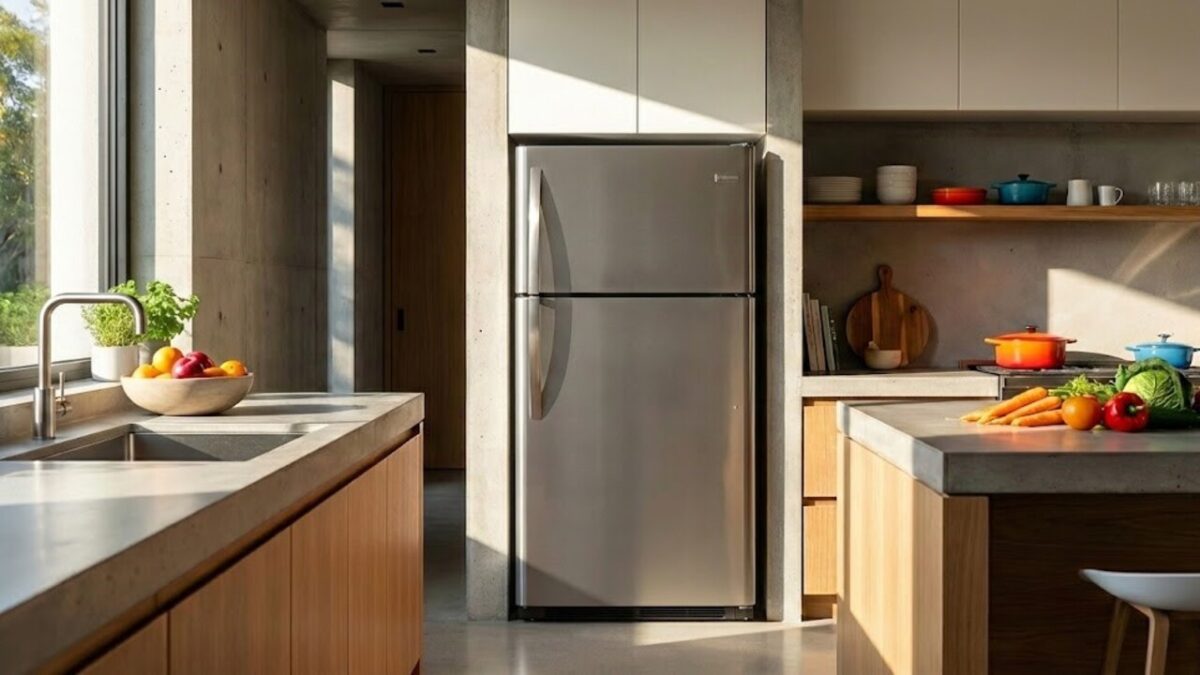 Geladeira de aço inoxidável em uma cozinha moderna e minimalista, banhada por luz solar natural vinda de uma janela lateral, com bancadas e vegetais frescos.