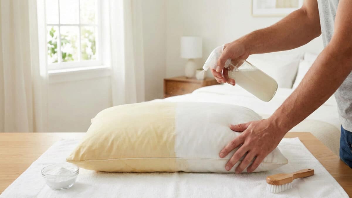 Aplicação de mistura caseira simples para branquear travesseiros amarelados