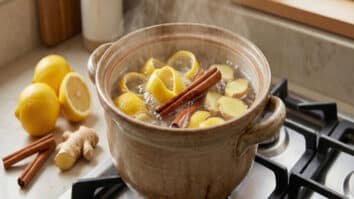 Ingredientes naturais sendo fervidos em panela no fogão para perfumar a casa