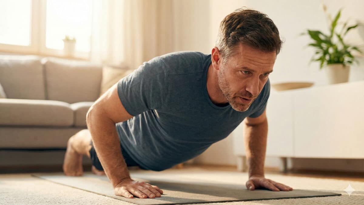 Homem realizando exercício de flexões de peito e braços em tapete no chão