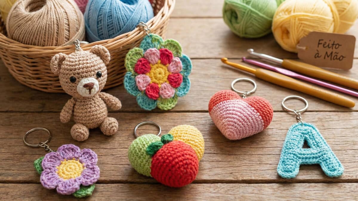 Fotografia em plano detalhado sobre uma mesa de madeira clara, exibindo diversos chaveiros de crochê coloridos. Entre as peças, destacam-se um ursinho amigurumi marrom, flores em tons de azul e lilás, um coração rosa e a letra "A" em azul claro.